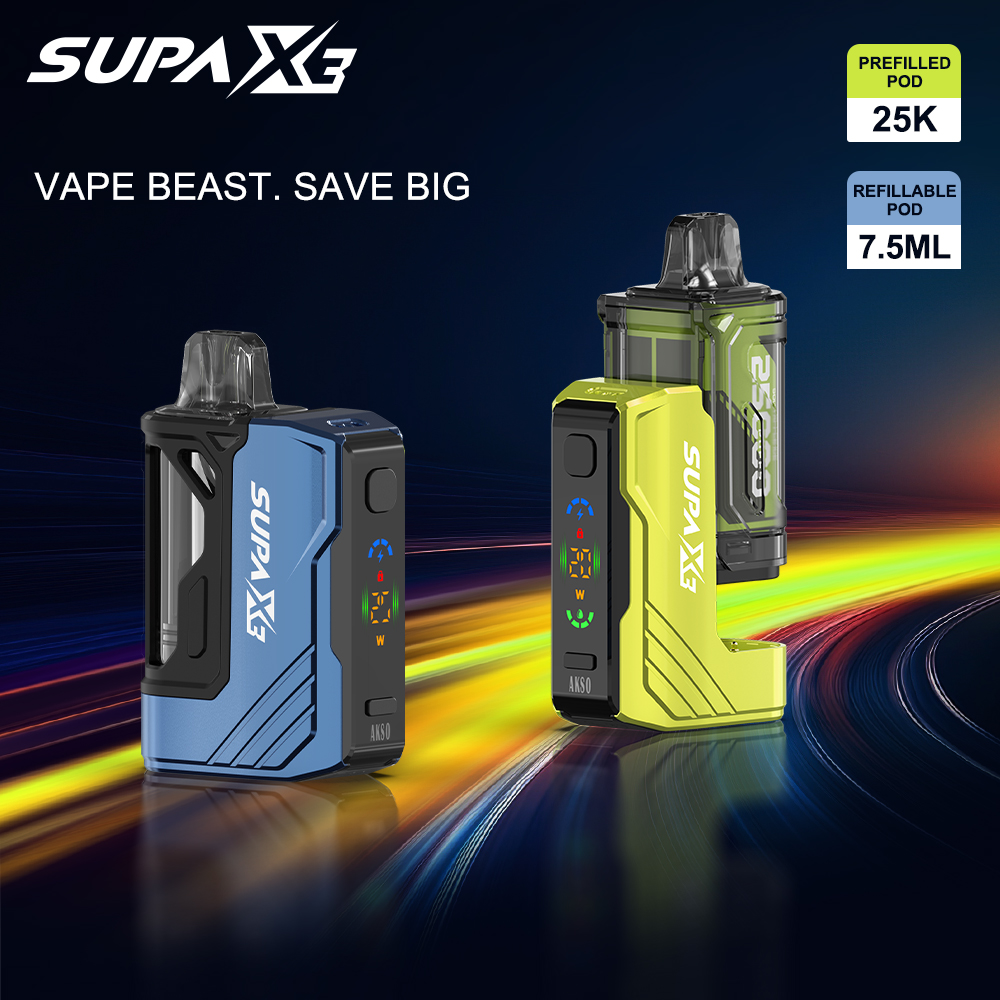 SUPA X3 - Cápsula precargada de 25.000 inhalaciones - Potencia variable - Modo de impulso con un botón - Opción de cápsula recargable